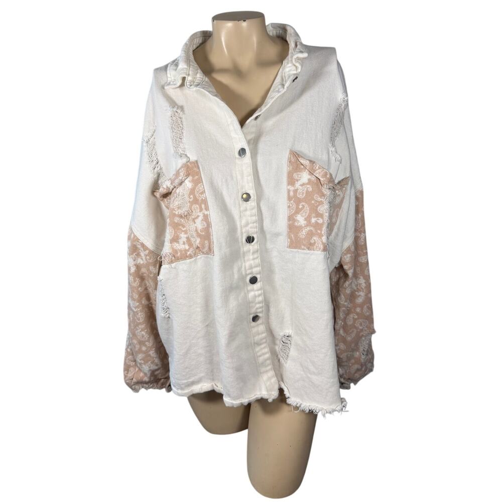 EUC POL Patchwork Button Up Jacket Shacket Cream … - image 1